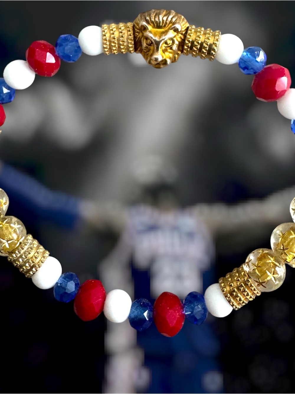 “Sixers” Gold Lion Accent Red, Blue & White Beaded Bracelet